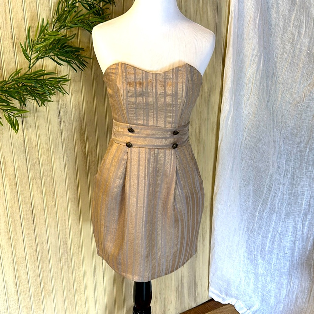 PEPPERMINT Strapless Mini Dress, Juniors Small, Bronze Metallic Lame’, …